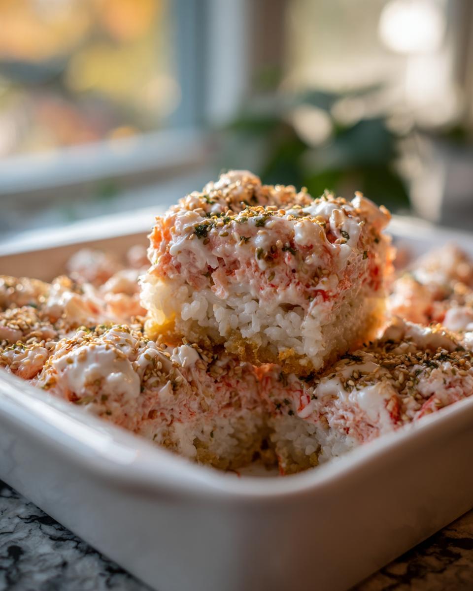 Close-up of a square portion of creamy sushi bake casserole topped with sesame seeds in a white baking dish.