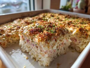 A close-up of a square slice of baked sushi bake casserole, showing layers of rice and creamy topping sprinkled with sesame seeds.