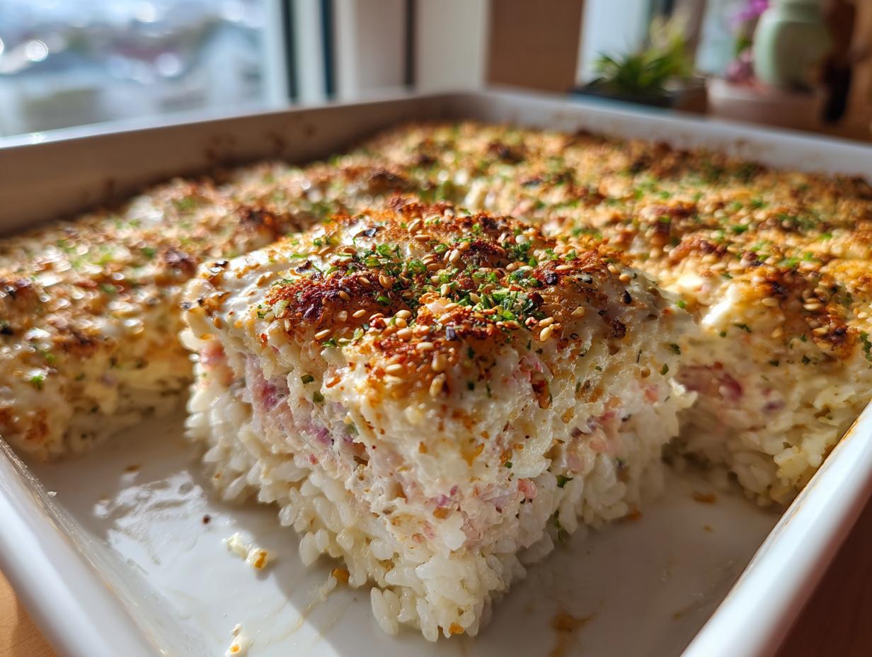 A close-up of a square slice of baked sushi bake casserole, showing layers of rice and creamy topping sprinkled with sesame seeds.