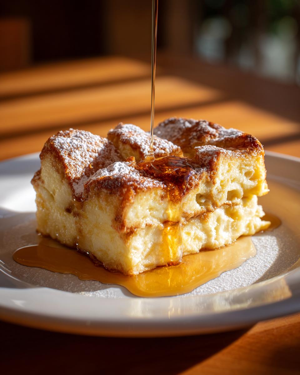 A close-up of a square slice of baked french toast, dusted with powdered sugar, receiving a stream of maple syrup.