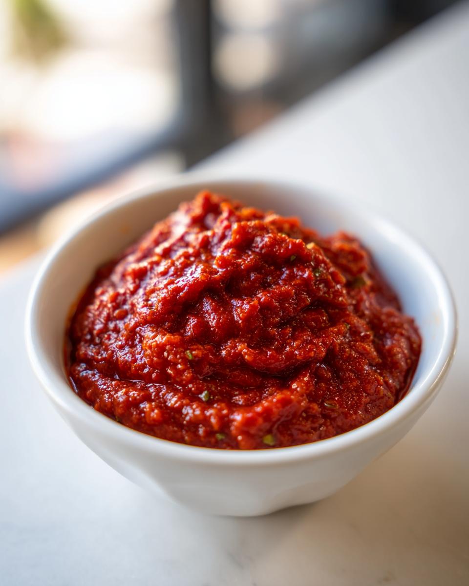A close-up of thick, vibrant red homemade pizza sauce served in a small white bowl.