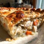 Close-up of a slice of turkey pot pie showing flaky golden crust and creamy filling with shredded turkey and carrots.