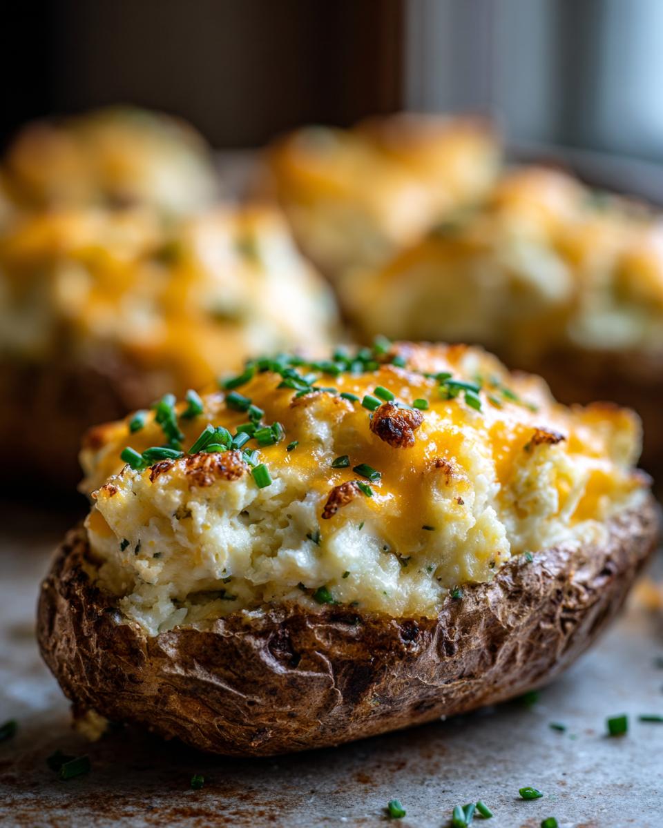 A close-up of a perfectly prepared twice baked potato, stuffed with creamy filling, melted cheddar cheese, and topped with fresh chives.