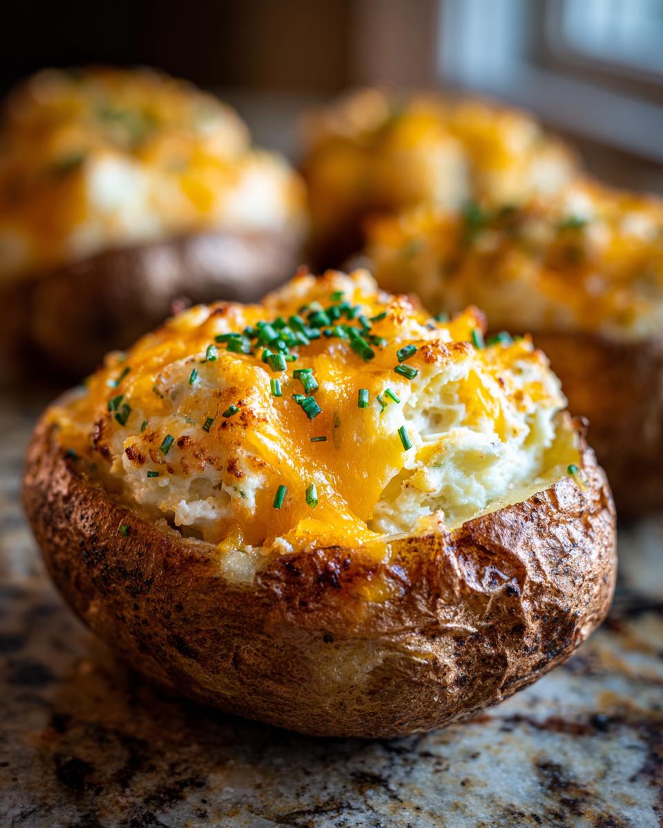 A close-up of a perfectly prepared twice baked potato, filled with creamy mash, melted cheddar cheese, and topped with fresh chives.