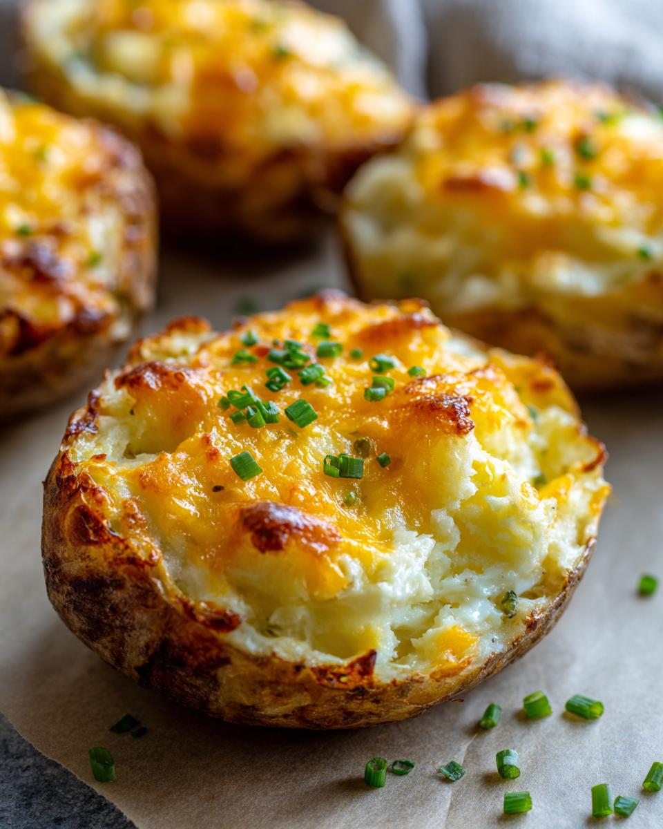 A close-up of a perfectly baked twice baked potato, topped with melted cheddar cheese and fresh chives.