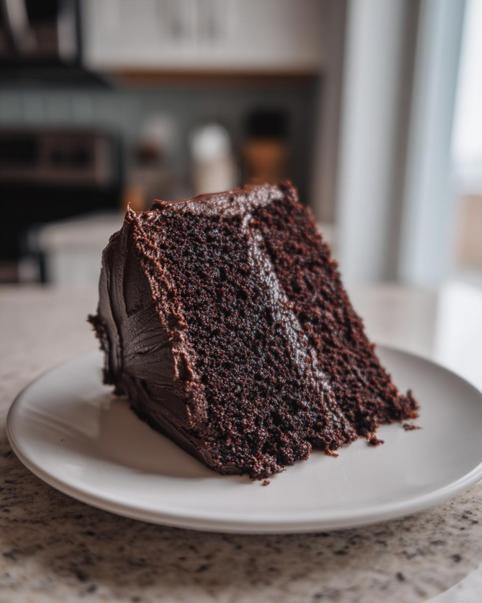 A tall, moist slice of dark chocolate cake covered in rich chocolate frosting, served on a white plate.