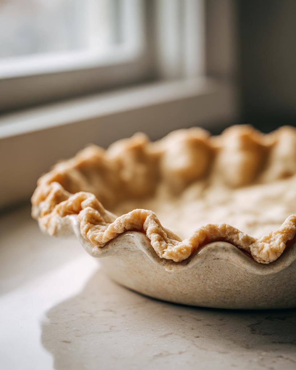 Close-up of an unbaked butter pie crust with crimped edges in a ceramic dish.