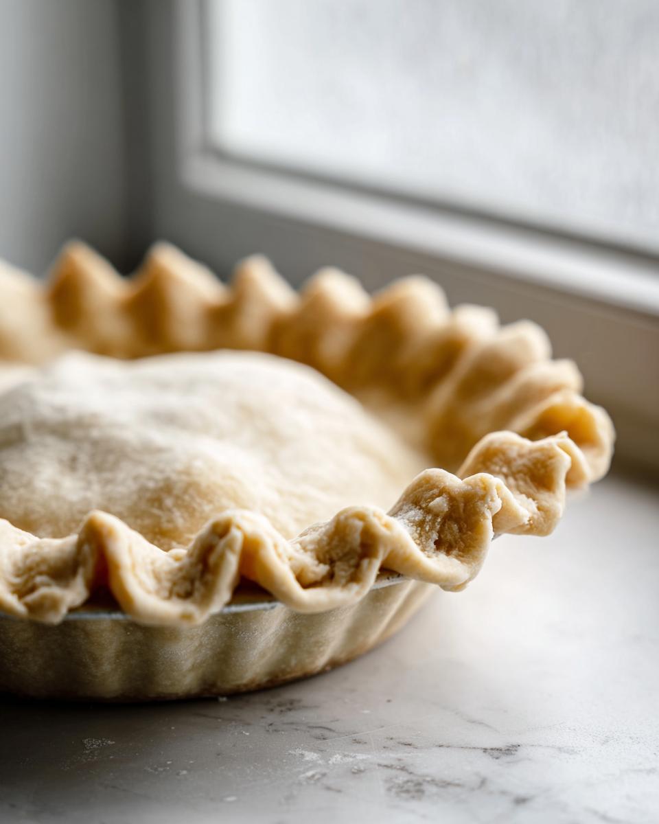Close-up of an unbaked double-crust pie showing the crimped edges of the butter pie crust ready for the oven.