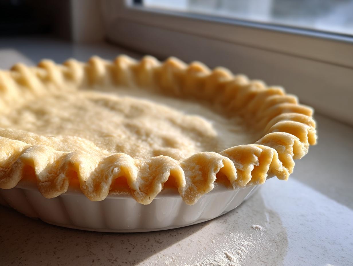 Close-up of an unbaked, crimped butter pie crust sitting in a white ceramic dish near a window.
