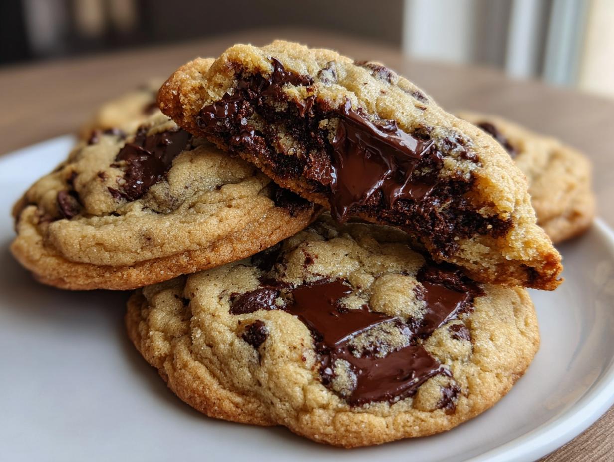 Close-up of amazing vegan chocolate chip cookies, one broken open revealing a molten chocolate center.