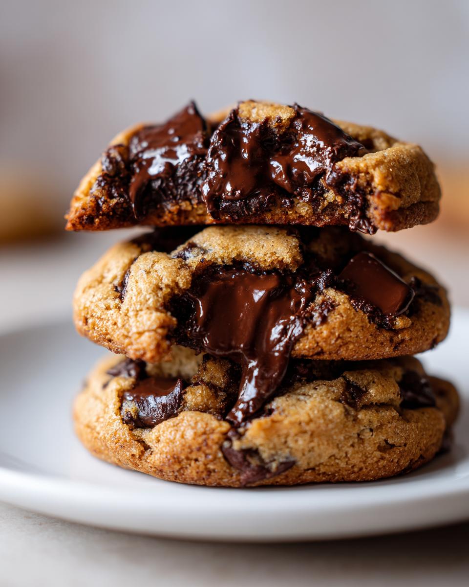 Close-up of three stacked vegan chocolate chip cookies with gooey, melted chocolate oozing out.
