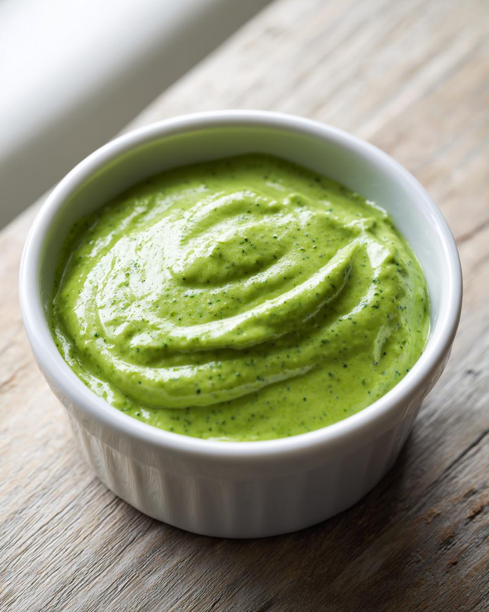 Close-up of creamy, bright green cilantro lime sauce swirled in a small white bowl on a rustic wooden surface.