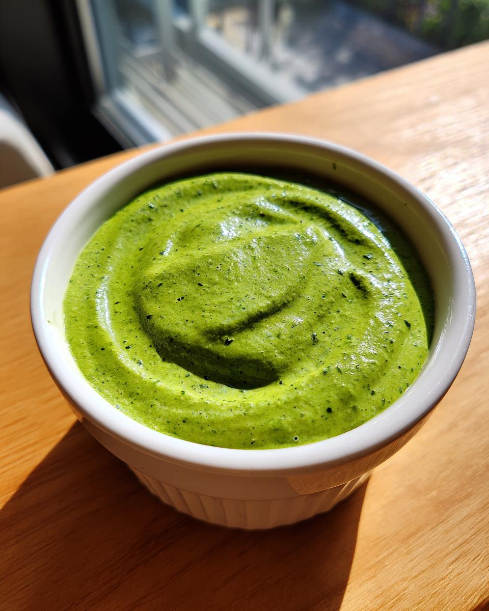 A close-up of vibrant, creamy cilantro lime sauce swirled in a small white bowl on a wooden surface.