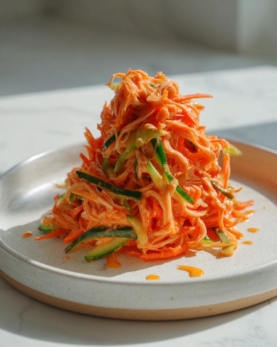A tall serving of creamy, orange-colored kani salad mixed with julienned cucumber on a speckled white plate.