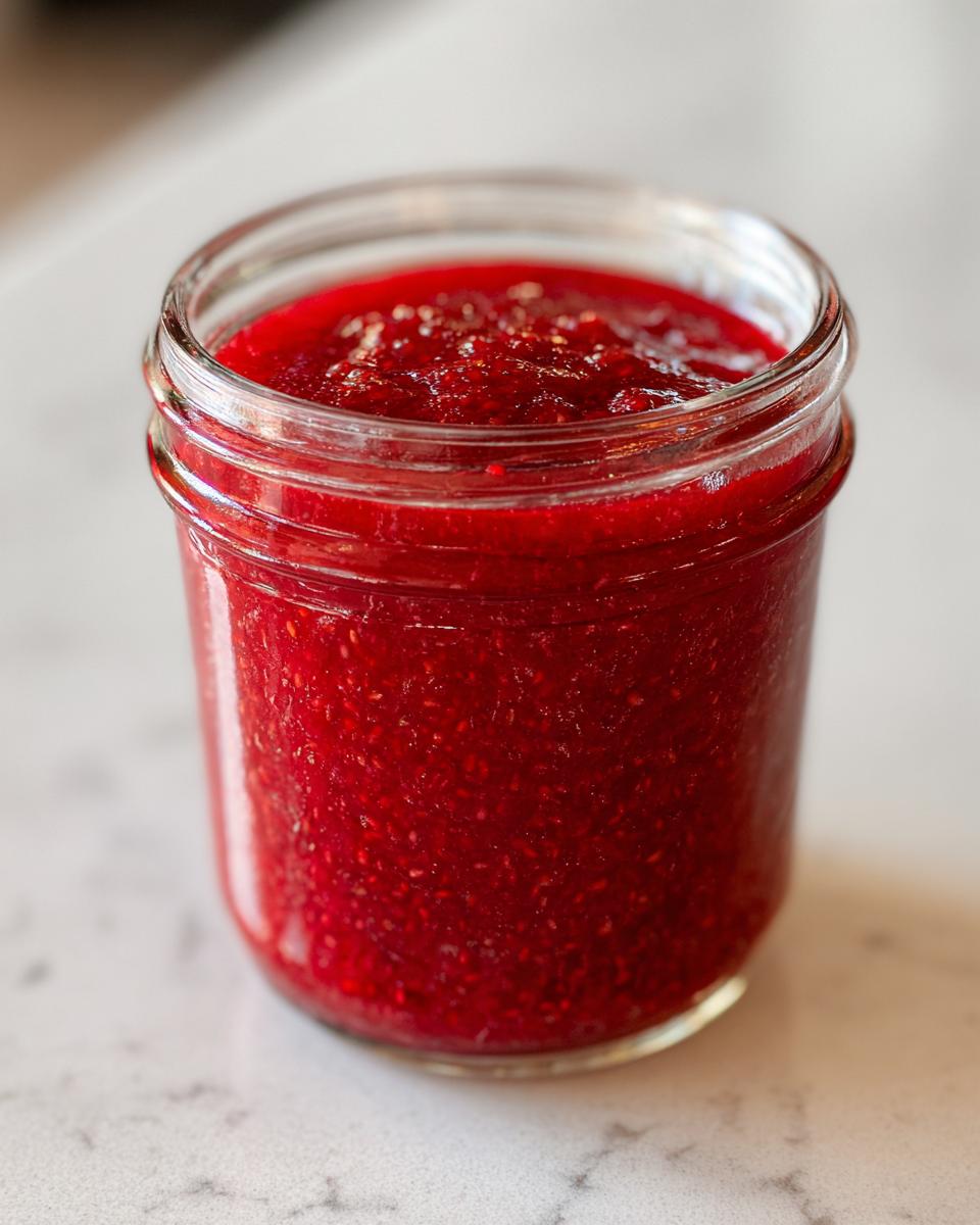 Close-up of a glass jar filled with vibrant red, textured freezer jam sitting on a light countertop.