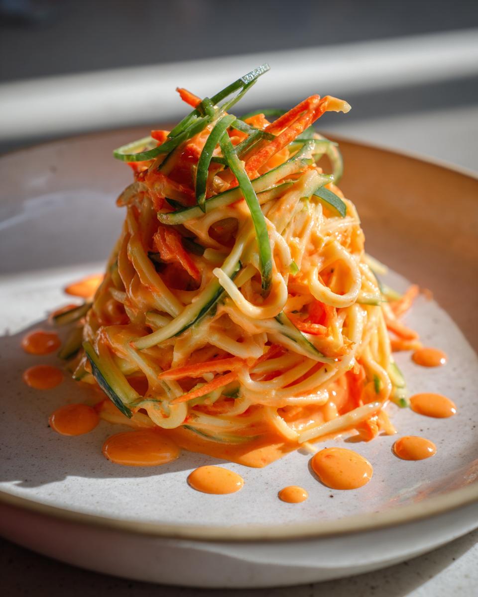 A tall mound of creamy kani salad featuring shredded imitation crab, cucumber, and carrot, served on a white plate with orange dressing dots.