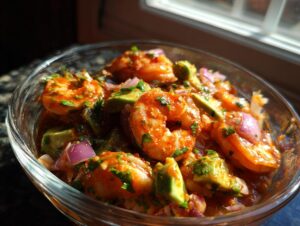 Close-up of vibrant mexican shrimp cocktail featuring plump shrimp, avocado chunks, red onion, and cilantro in a rich sauce.