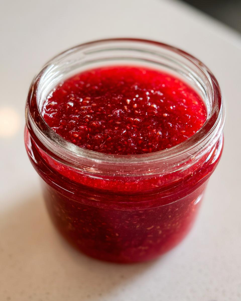 Close-up of a small glass jar filled with vibrant red, seedy freezer jam, likely raspberry.