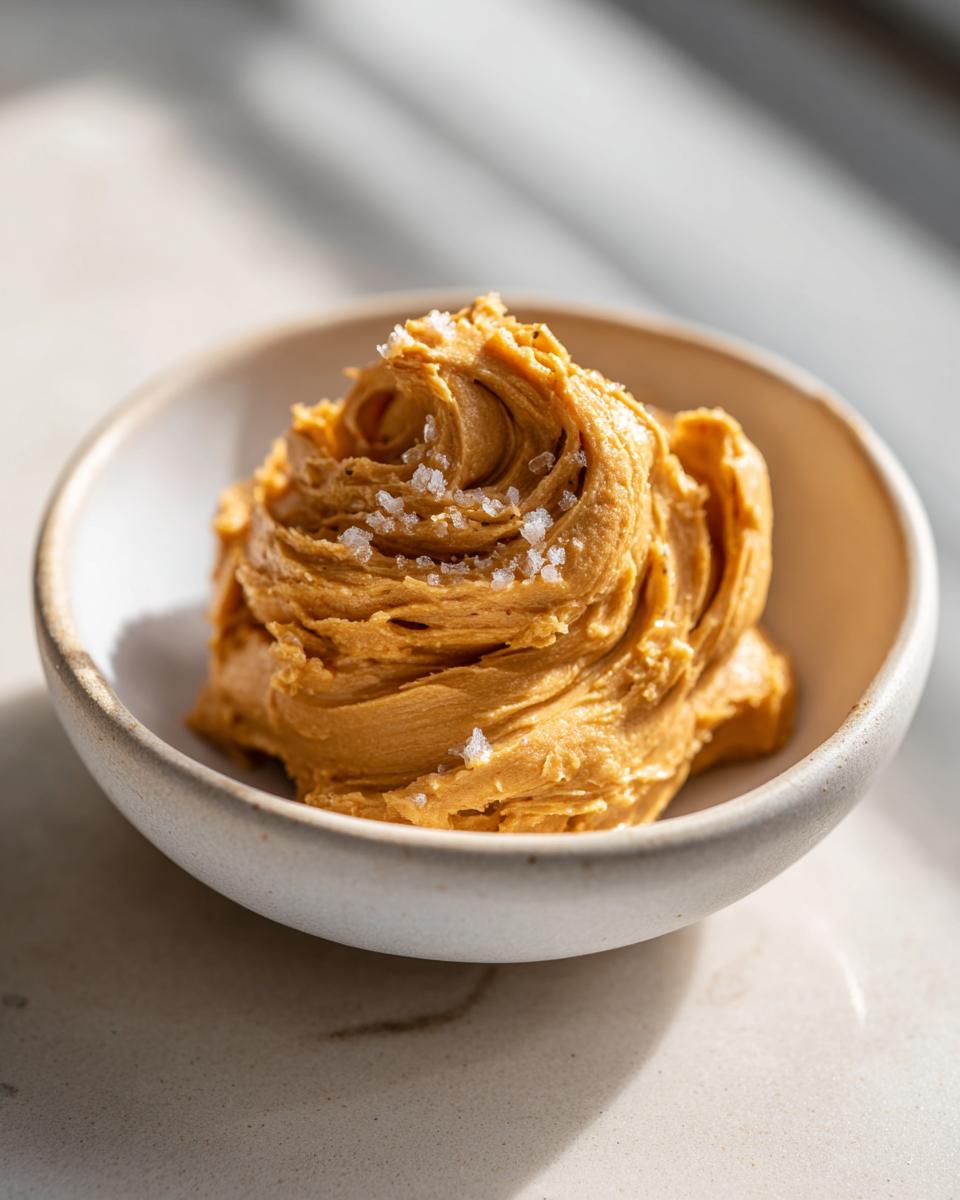 A swirl of rich, golden cinnamon butter topped with coarse sea salt in a small ceramic bowl.