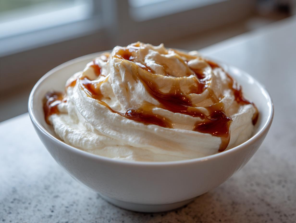 Close-up of a bowl of creamy whipped ricotta dip topped with a rich caramel drizzle.