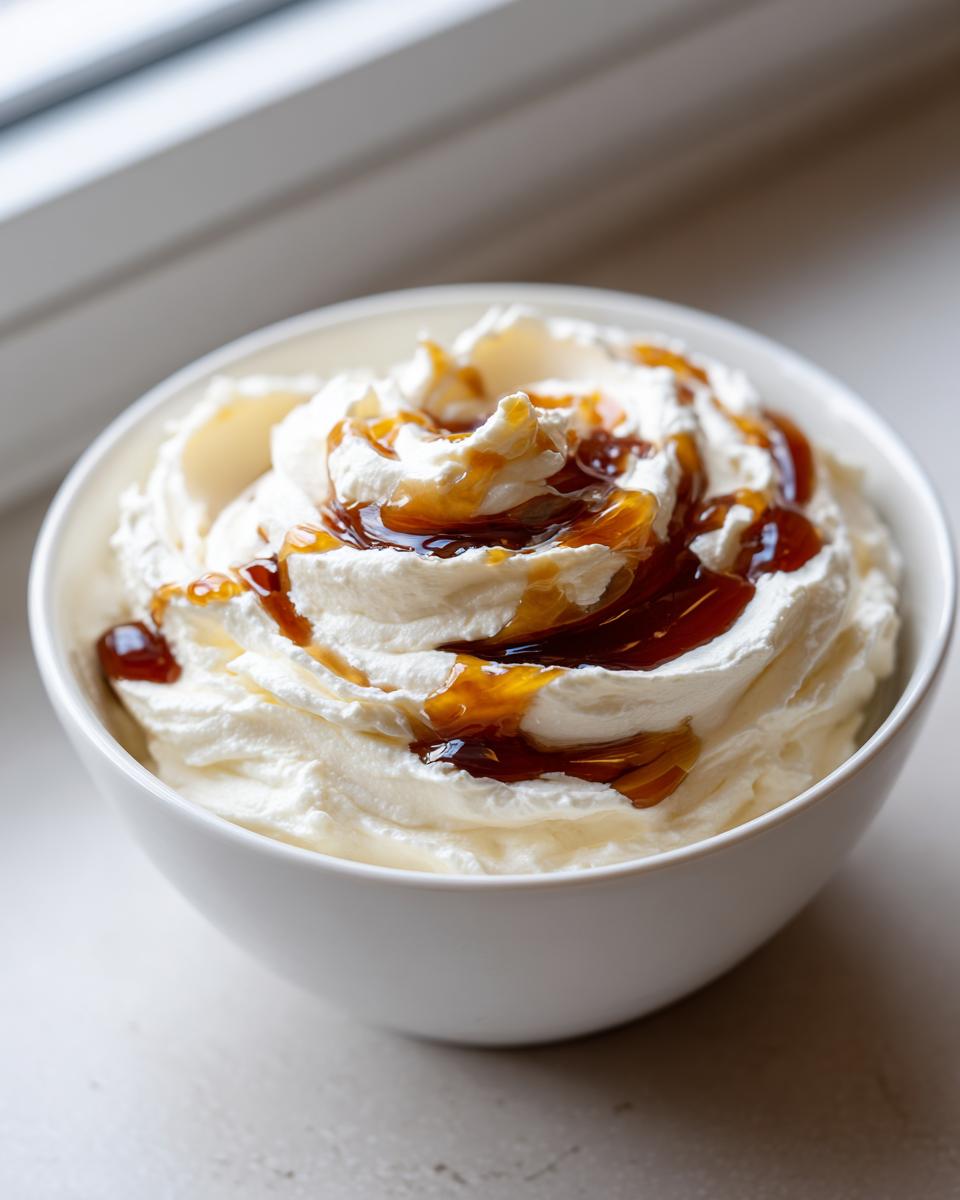 Close-up of a bowl filled with fluffy whipped ricotta dip topped with a rich caramel swirl.