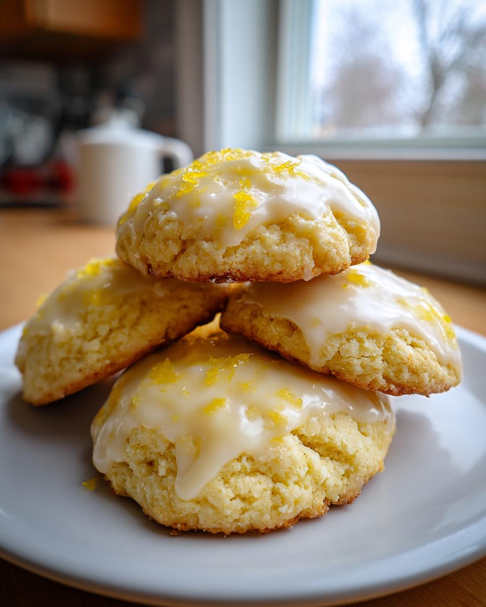 A stack of four soft, glazed lemon cookies topped with bright yellow lemon zest.