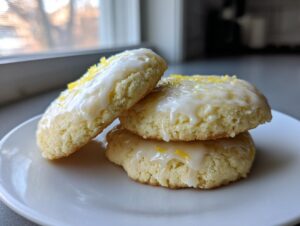 A stack of three soft, glazed lemon cookies topped with bright yellow lemon zest.