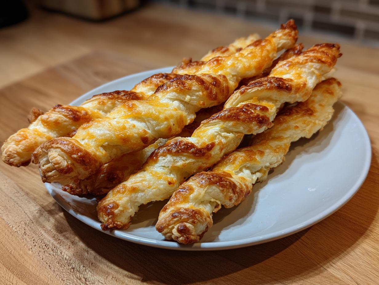 A plate piled high with freshly baked, golden brown, twisted cheese straws recipe sticks.