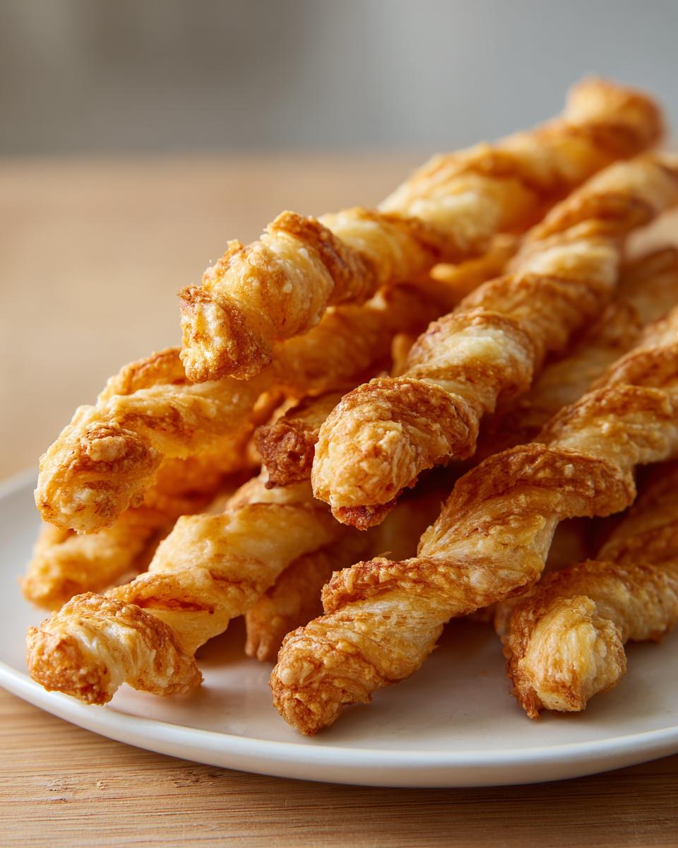 A close-up stack of golden brown, flaky, twisted cheese straws recipe on a white plate.