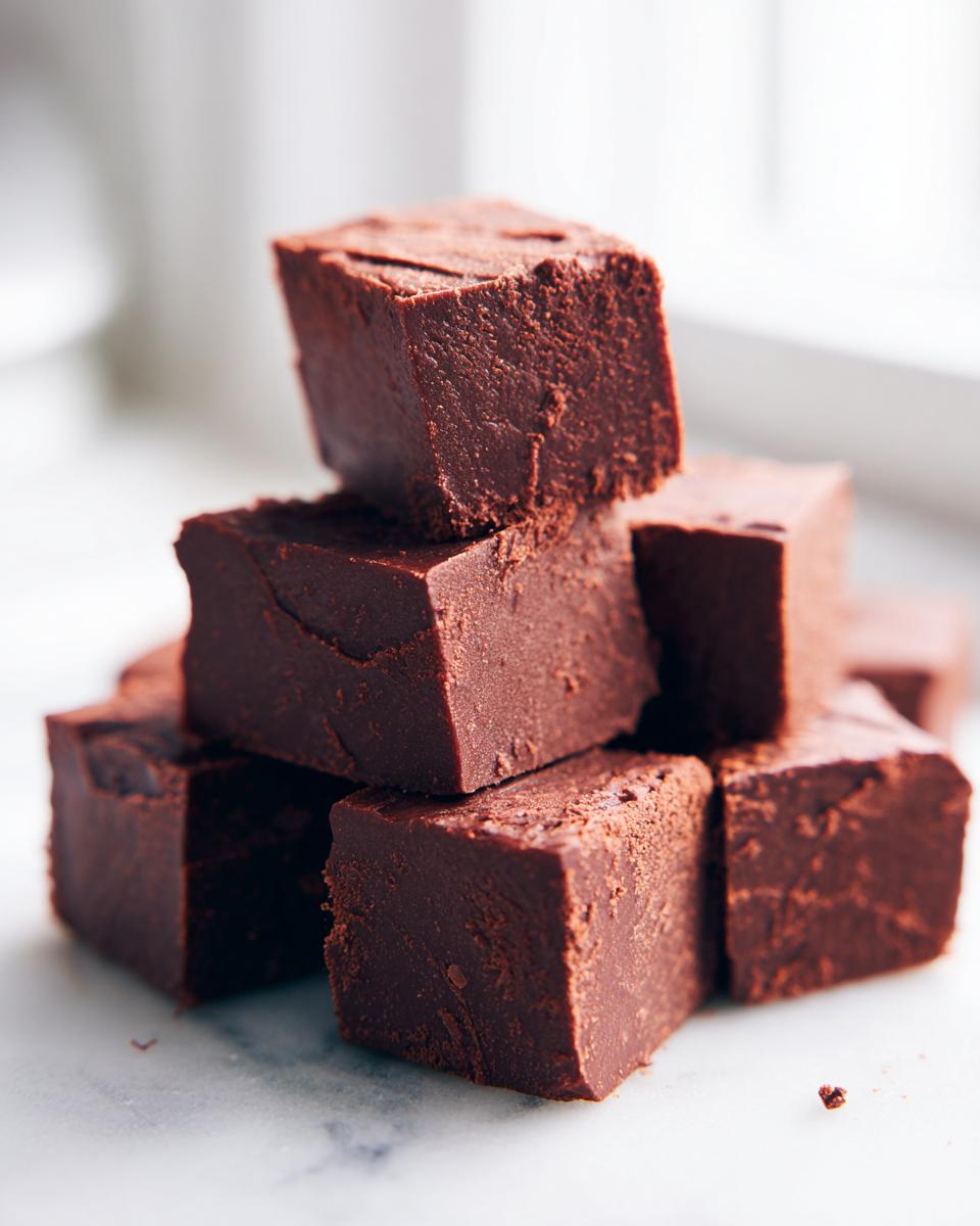 A stack of rich, dark chocolate 3-ingredient fudge cubes resting on a white marble surface.