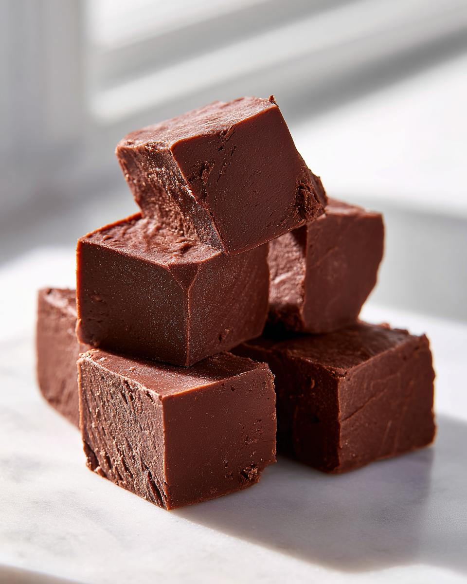A stack of rich, dark chocolate 3-ingredient fudge cubes sitting on a white marble surface.