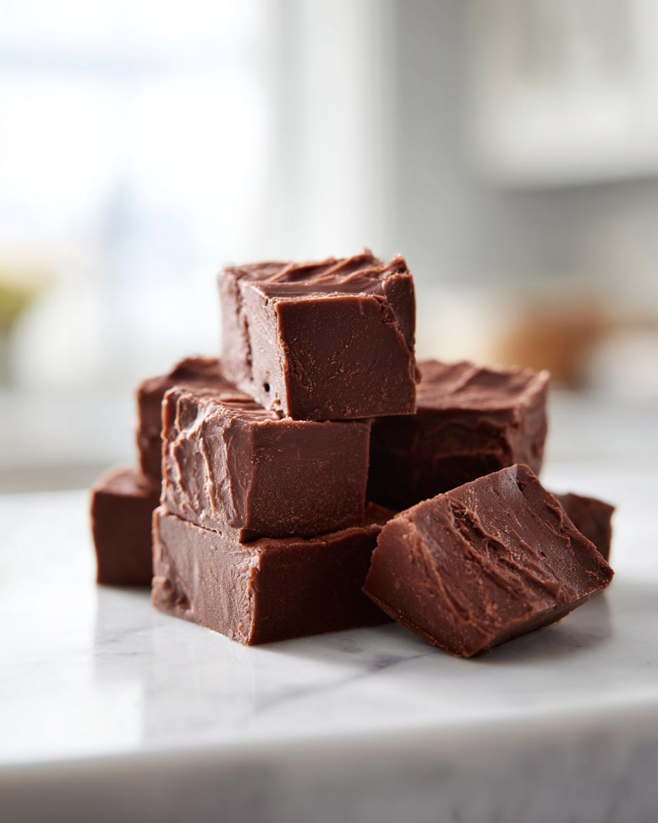 A stack of rich, dark chocolate squares of homemade fudge resting on a white marble surface.