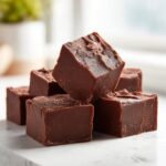 A stack of rich, dark chocolate fudge squares made with 3-ingredient fudge recipe.