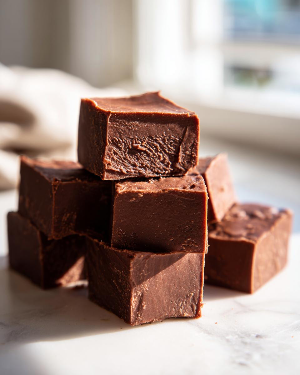 A small stack of rich, dark chocolate fudge squares sitting on a white marble surface.