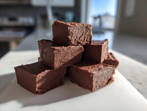 A small stack of rich, dark chocolate fudge squares sitting on a white surface in bright sunlight.