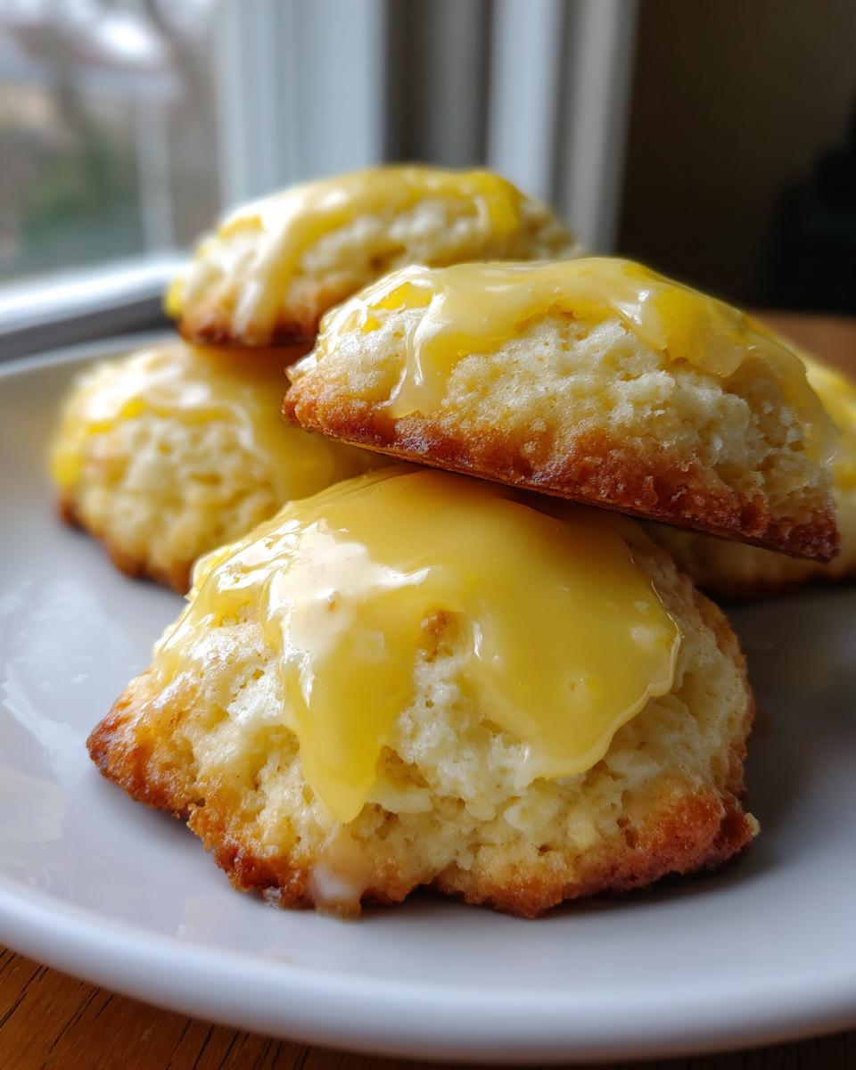 Close-up of fluffy ricotta cookies stacked on a white plate, topped with a thick, bright yellow glaze.