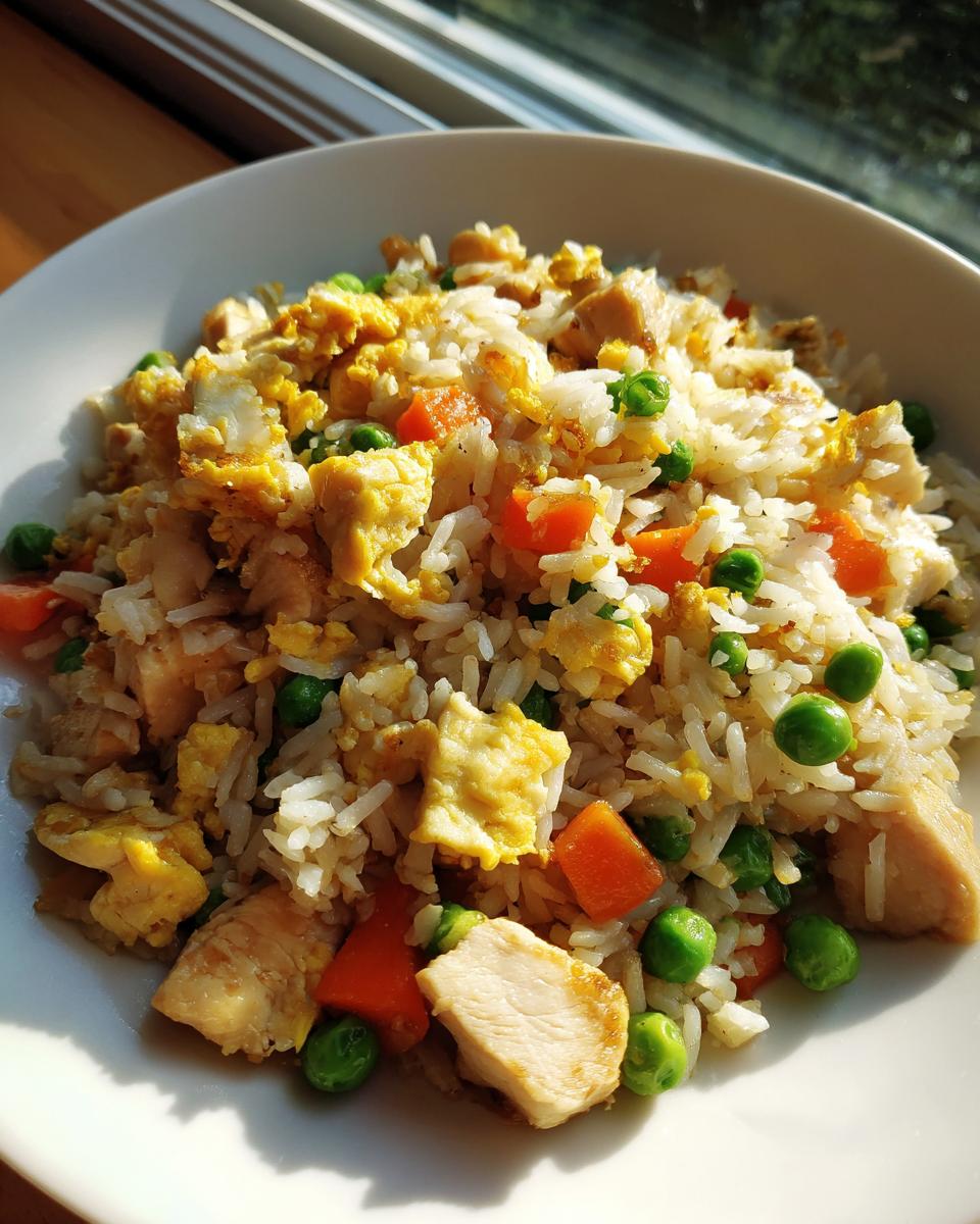 A close-up of homemade chicken fried rice served in a white bowl, showing pieces of chicken, scrambled egg, peas, and carrots.