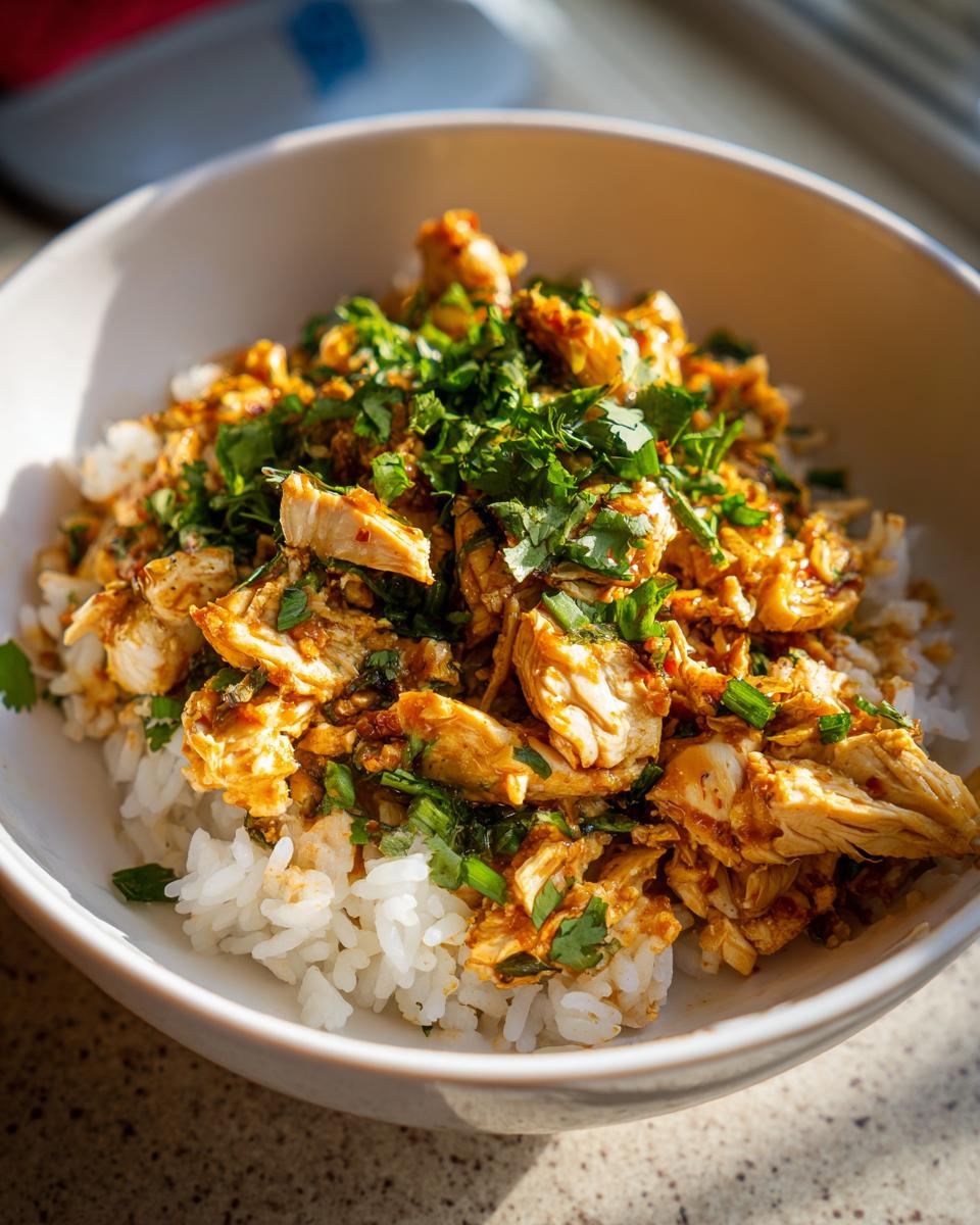 A close-up shot of a white bowl filled with white rice topped with shredded, seasoned chicken and fresh green herbs, perfect for a chicken rice bowl.