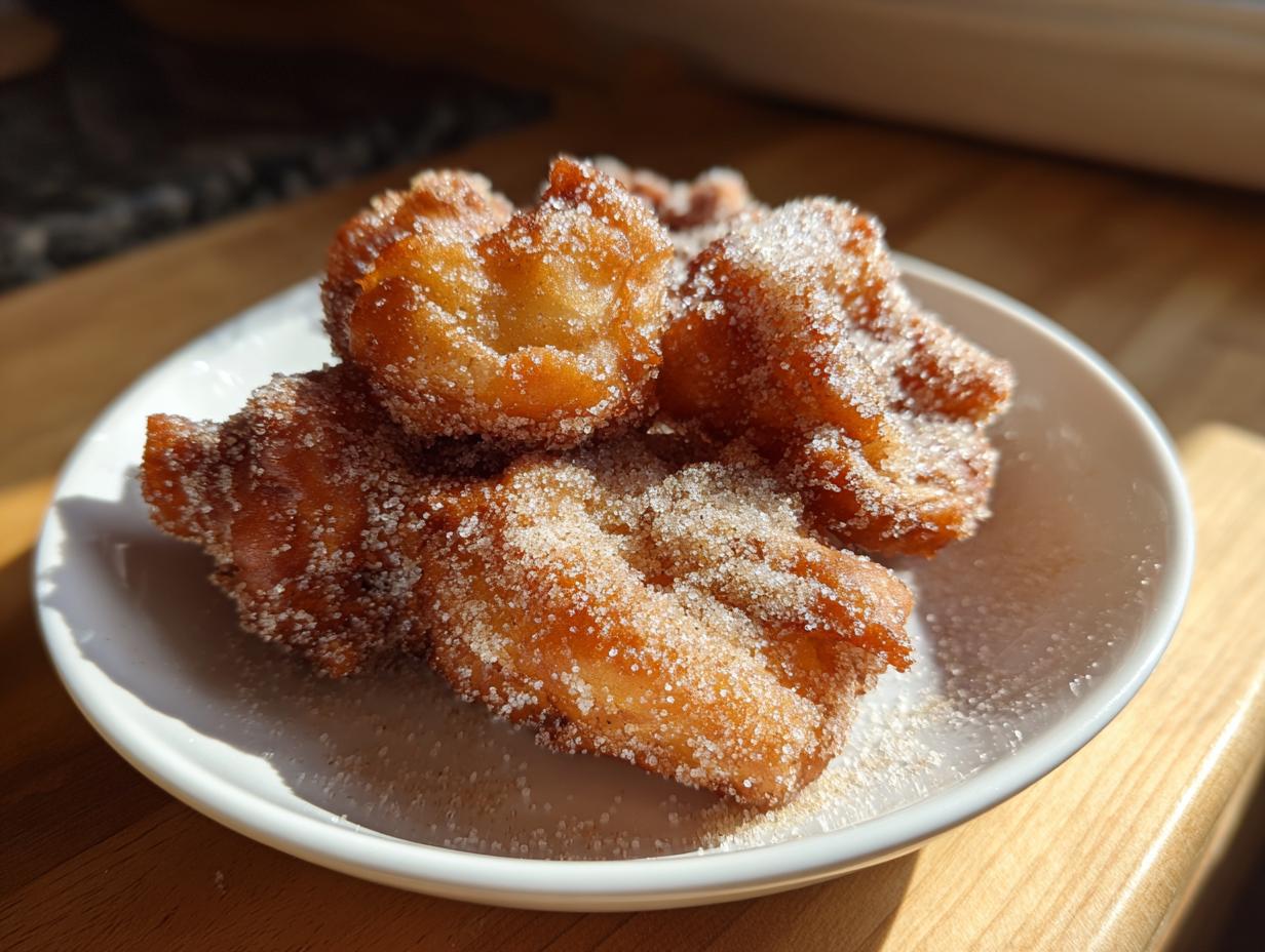 A small white plate piled high with freshly fried buñuelos generously coated in granulated sugar.