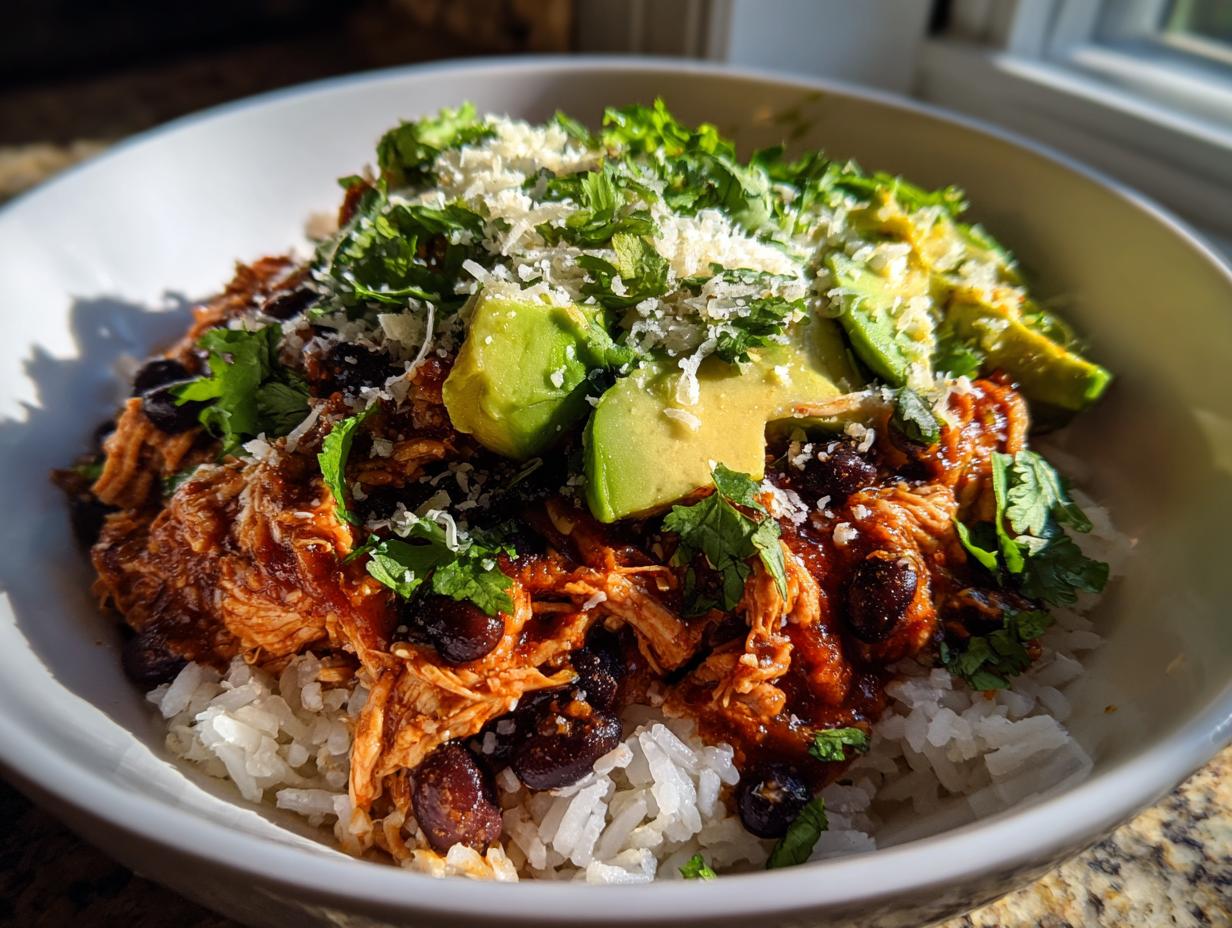 A close-up of a delicious chicken burrito bowl featuring shredded chicken, black beans, white rice, avocado slices, cilantro, and cheese.