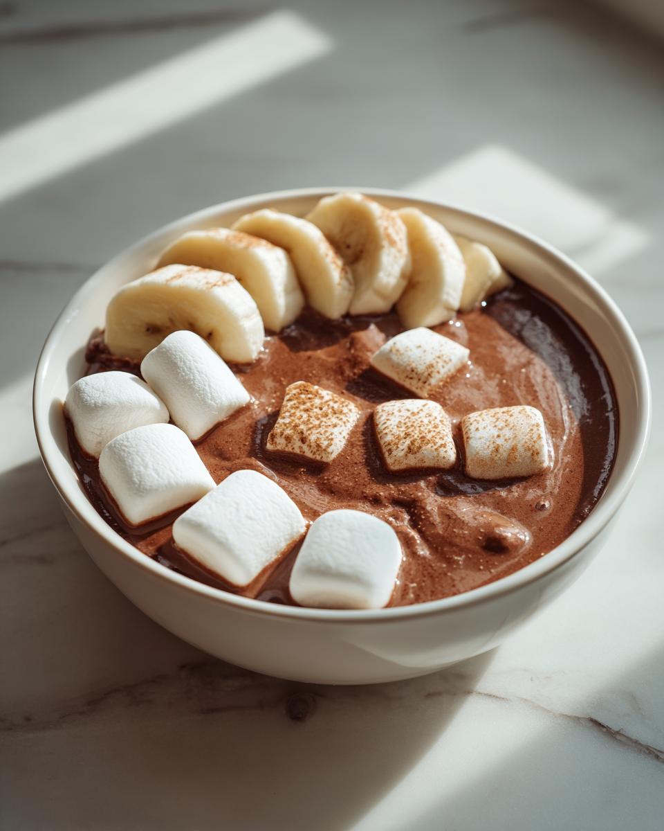 A close-up of a bowl filled with rich chocolate dip, topped with sliced bananas and marshmallows.
