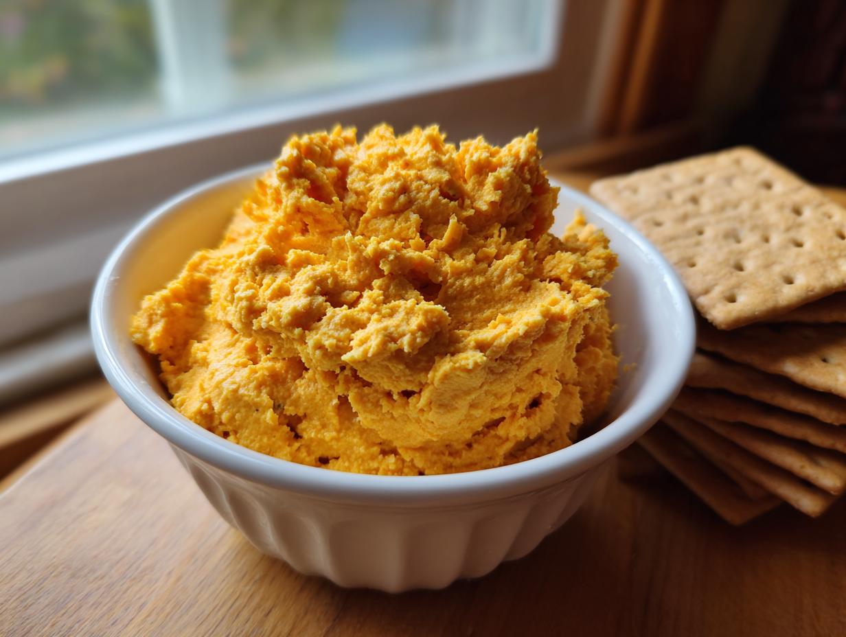 A bowl filled with bright orange pumpkin fluff dip served next to a stack of graham crackers.