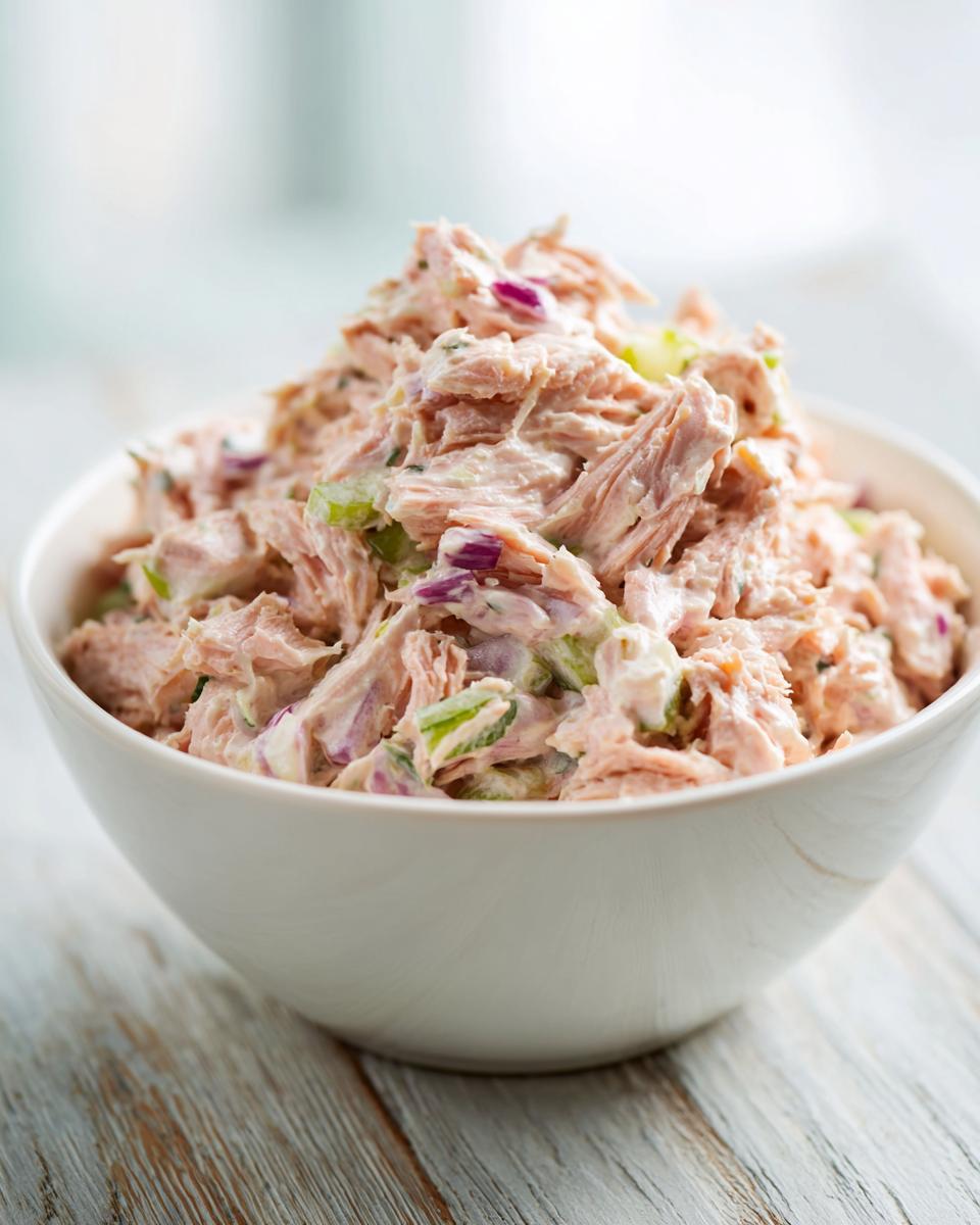 Close-up of a white bowl filled with creamy salmon salad mixed with celery and red onion.