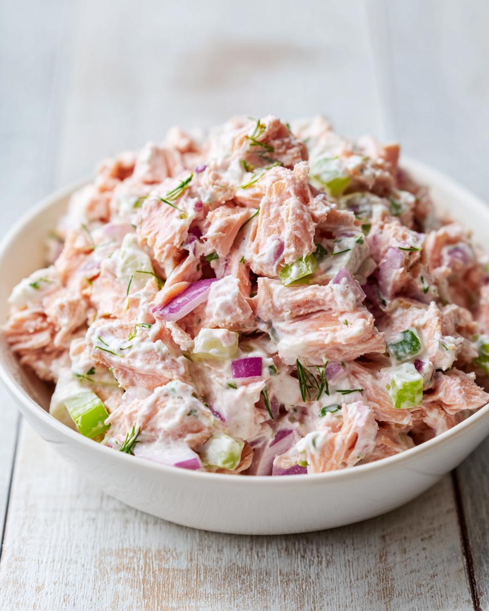 A bowl filled with creamy salmon salad featuring flaked pink salmon, diced red onion, celery, and fresh dill.