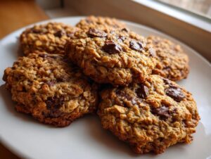 A stack of five golden brown, textured breakfast cookie treats loaded with chocolate chips on a white plate.