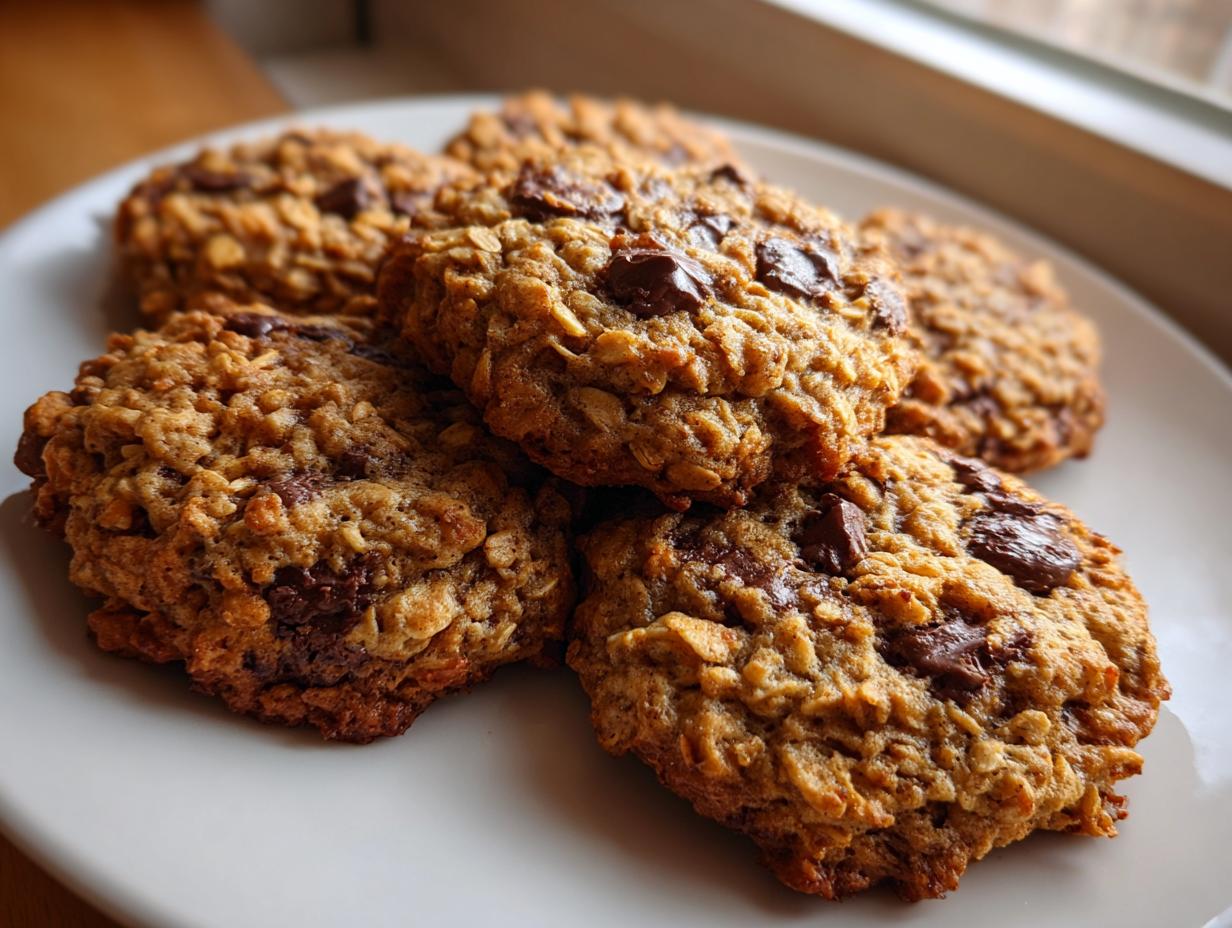 A stack of five golden brown, textured breakfast cookie treats loaded with chocolate chips on a white plate.