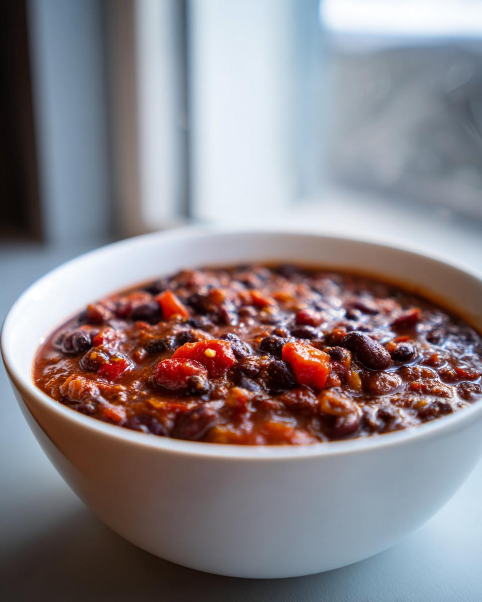 A close-up view of rich, thick black bean chili with visible tomatoes served in a white bowl.