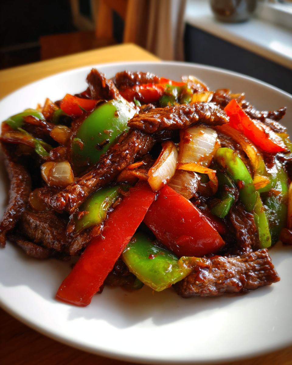 A close-up shot of sizzling pepper steak stir-fry with strips of beef, red and green bell peppers, and onions in a dark sauce.