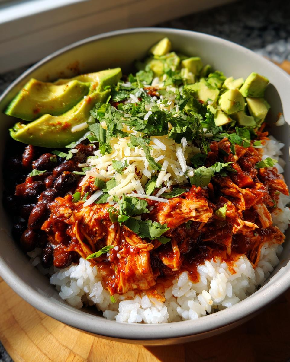 A close-up overhead shot of a healthy chicken burrito bowl with shredded chicken, rice, black beans, avocado, and cheese.