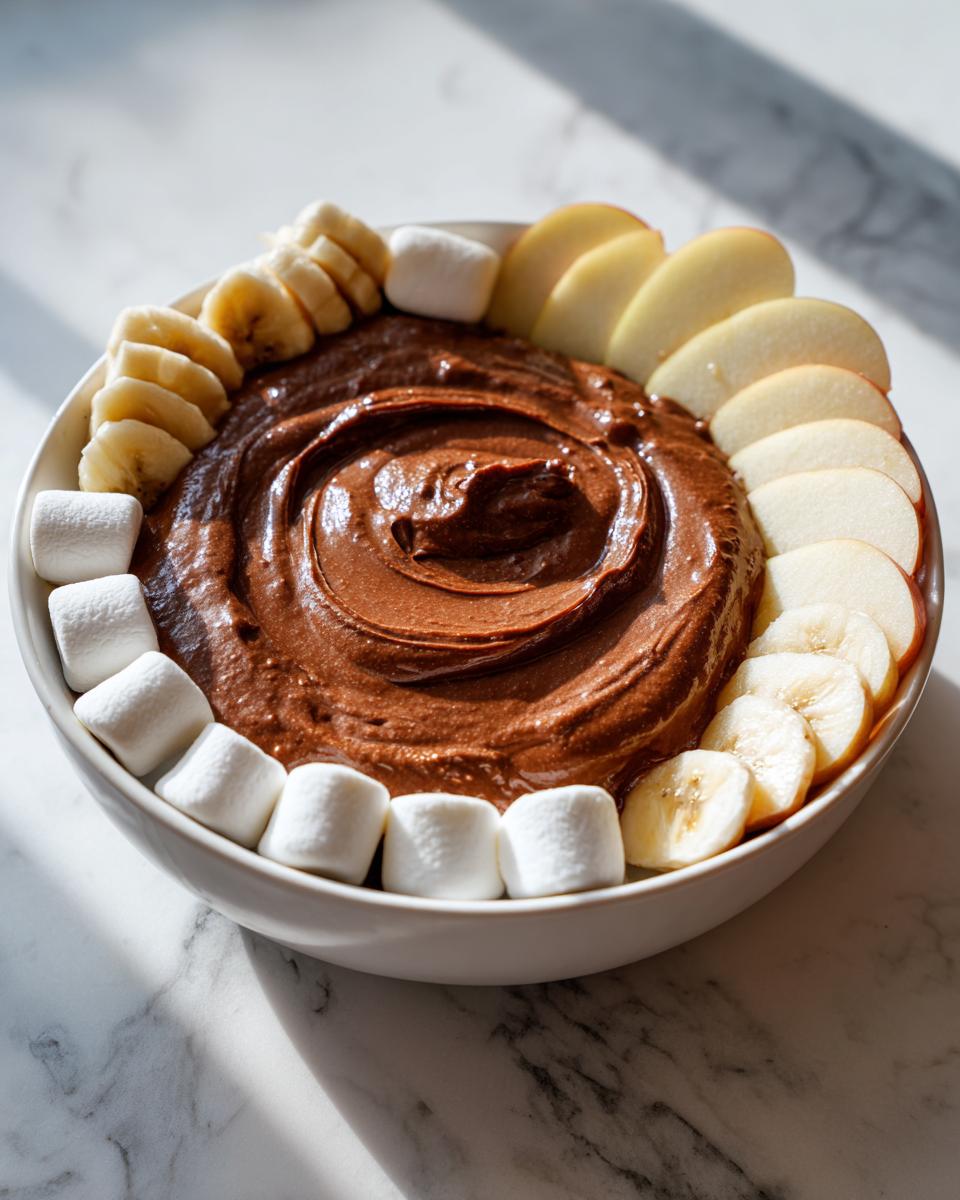 A bowl of rich, swirling chocolate dip surrounded by apple slices, banana slices, and marshmallows for dipping.